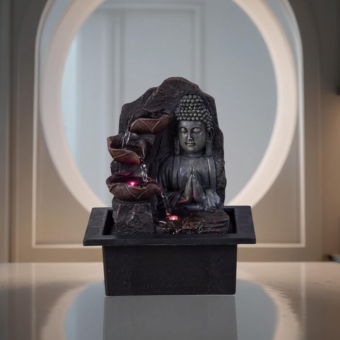 Джерело Zen'Light Zimmerbrunnen з Буддою та LED-підсвіткою - Сучасна декор для медитації та релаксації, Фен-Шуй, 26 см, горіх