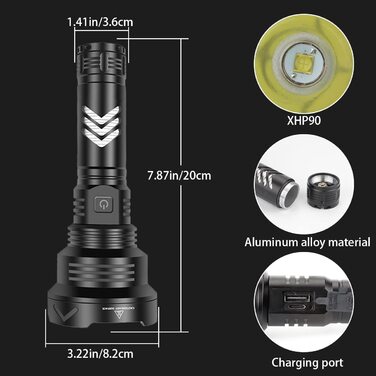 WholeFire Ліхтар LED XHP90 100000 люменів, тактичний, USB-зарядка, 5 режимів, водонепроникний IP65, для поліції, армії, пошуковий, з акумулятором