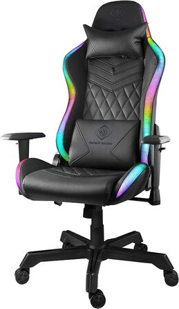 Ігрове крісло Deltaco Gaming DC410 з LED-підсвіткою, екошкіра, RGB освітлення, ергономічне, з подушками для попереку та шиї, чорне