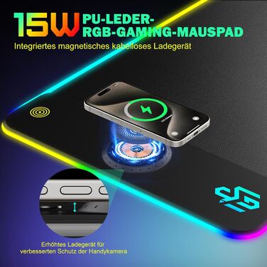 Ігрова підставка для миші RGB з бездротовою зарядкою Qi 15W, LED-підсвічування, 10 режимів, водонепроникна, протиковзна, для геймінгу, ПК, офісу (чорний PU)