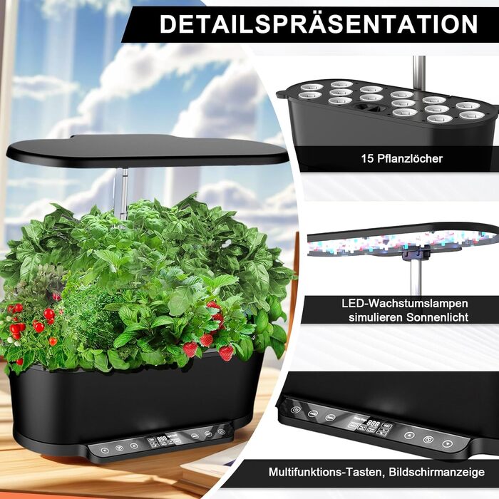 Smart Herb Garden: Гідропонна система для вирощування зелені в приміщенні з LED підсвіткою (15 горщиків, 5.5л, чорна)
