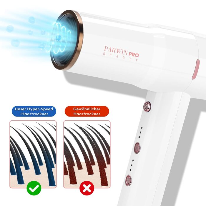 Професійний іонний фен PARWIN PRO BEAUTY з дифузором, 110 000 об/хв, безщітковий тихий мотор, 30 м/с повітряний потік, 3 швидкості і 3 температури, білий