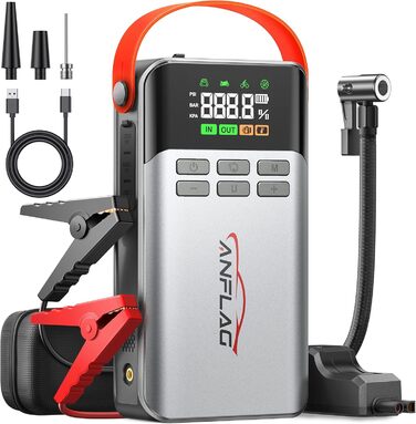 Портативний пусковий пристрій ANFLAG 5500A з компресором 150PSI, LCD-екраном та LED-ліхтариком (сірий)