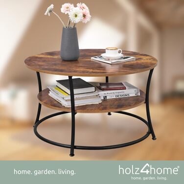 Журнальний стіл holz4home Lillie круглий, з полицею, індустріальний стиль, легка збірка, коричневий