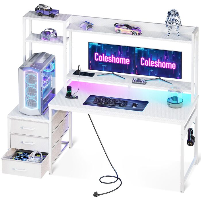 Ігровий стіл Coleshome з LED-підсвіткою, розеткою, полицями та шухлядами 137x48 см (Білий карбон)