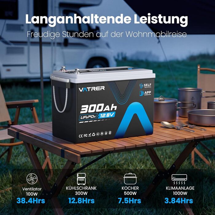 LiFePO4 акумулятор VATRER POWER 12V 300Ah з системою самопідігріву та Bluetooth