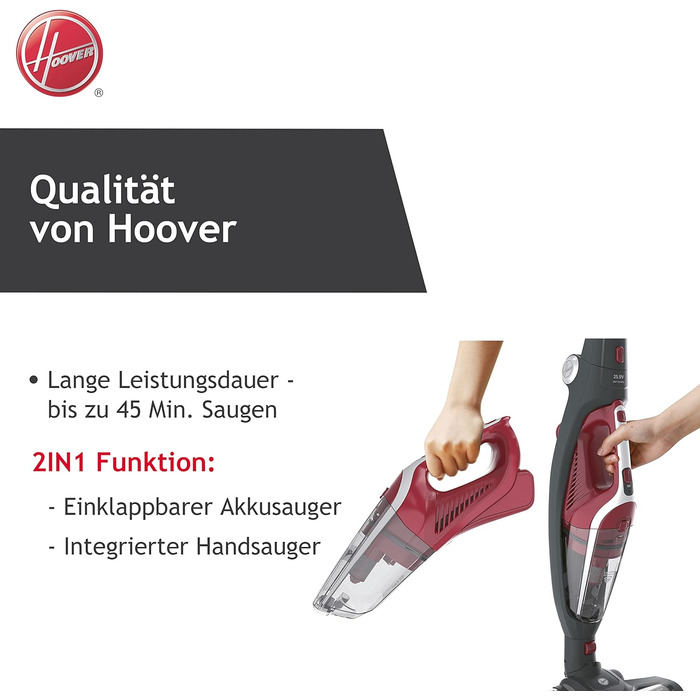 Бездротовий пилосос Hoover HF21F25 2-в-1 з акумулятором, ручний та вертикальний, 45 хв автономної роботи, LED-підсвітка, паркування, складана ручка, насадка для щілин та щітка для пилу, без мішка