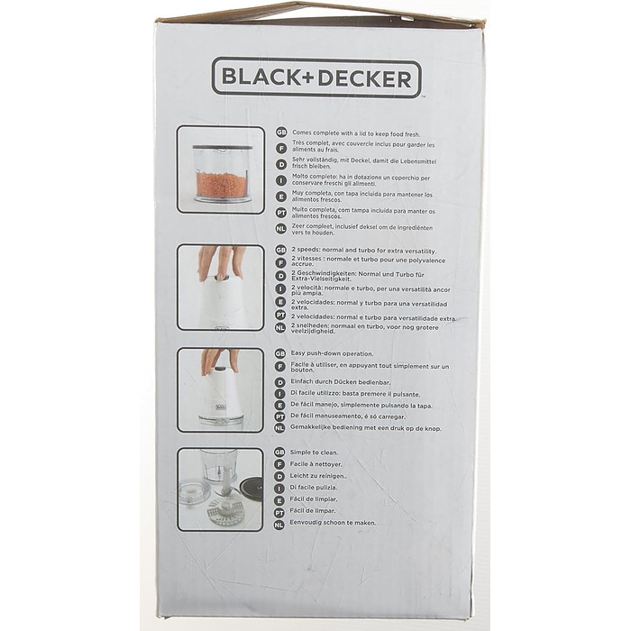 Подрібнювач BLACK+DECKER BXCH260E, 260 Вт, 500 мл, 2 швидкості, нержавіюча сталь, білий, для змішування та подрібнення, з кришкою для зберігання