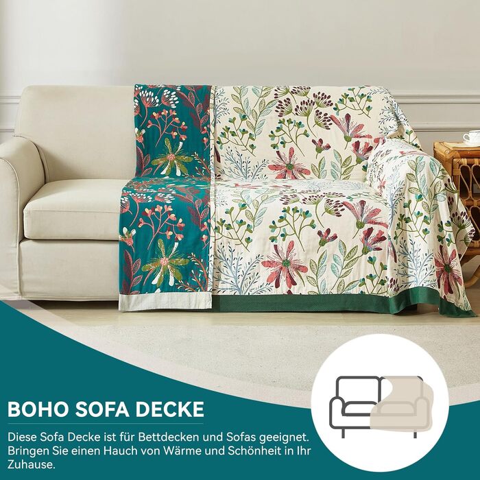 Покривало Bailix Premium Boho з 100% бавовни, двостороння муслінова ковдра 150x200 см, плед для дивана та ліжка в стилі пэчворк, смарагдово-бежевий