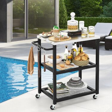 Grillwagen COSTWAY Outdoor: стіл для гриля з 3 полицями, 4 колесами, ручкою та 3 гачками | FM32279PWDE