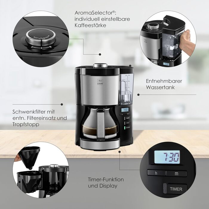 Кавоварка фільтр Melitta Look Timer з таймером, скляна колба, краплезахист, 10 чашок, чорна