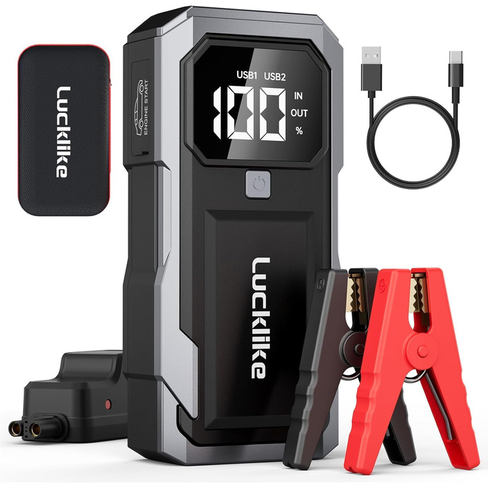 Бустер акумулятора Lucklike 5000A: Потужний пусковий пристрій (Powerbank) для авто (до 10.0л бензин / 8.0л дизель), 12V літієвий пускач з LED-ліхтарем, сріблястий