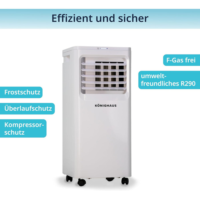 Мобільний кондиціонер Könighaus 7000 BTU для кімнат до 20м² 4-в-1: охолодження, осушення, вентиляція, очищення повітря. Енергоефективний (A), з пультом та керуванням через додаток