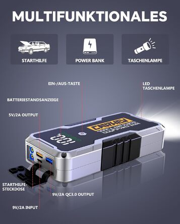 Бустерний пускач CARHEV 7000A для авто 12В (до 10.0L бензин/дизель), Powerbank з QC 3.0 USB та LED-ліхтарем