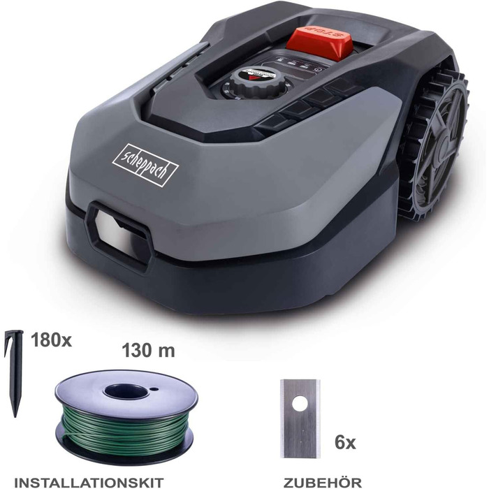 Робот-газонокосарка Scheppach RoboCut XL600 для газонів до 600 м², 18 см, WiFi, регулювання через додаток, сенсор дощу, 35% нахилу, станція, 9 лез, 130 м кабелю, 180 гачків
