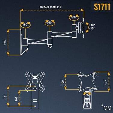 Настінне кріплення для монітора RICOO S1711 13-34 дюйми, поворотне, VESA 75x100 мм, для вигнутих та плоских екранів