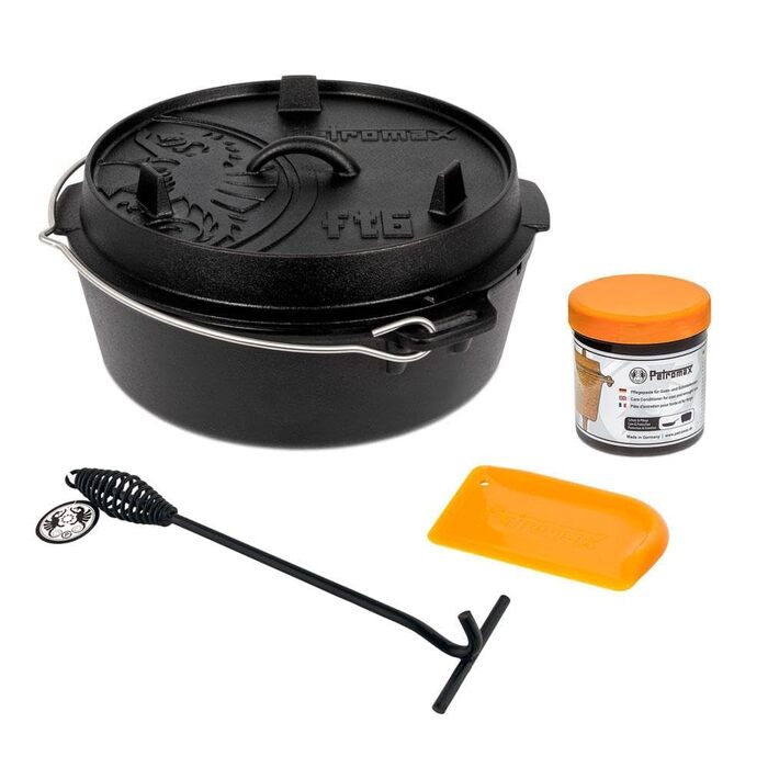 Набір Dutch Oven Petromax Feuertopf ft9-t: чавунний казан 7,5 л для гриля та відкритого вогню з ніжкою, піднімачем кришки, пастою та скребком