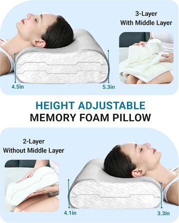 Подушка ортопедична Elviros з піною Memory Foam для сну на боку та спині, регульована, знімний чохол сірий
