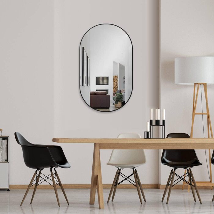 Дзеркало настінне овальне HOKO Design 45 x 75 см з металевим матовим каркасом. Можлива вертикальна та горизонтальна установка. Підходить для ванної кімнати, коридору, спальні, вітальні.
