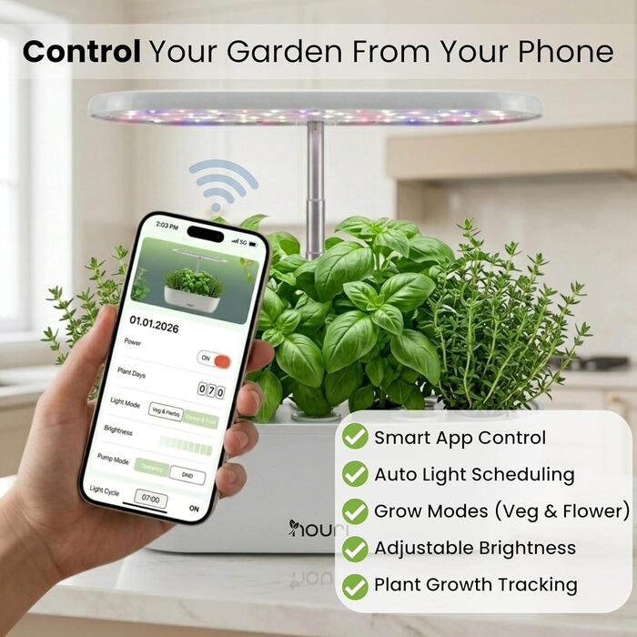 Nouri Smart Garden 12 Pod: Гідропонна система для вирощування томатів та зелені вдома з додатком | LED лампа для рослин
