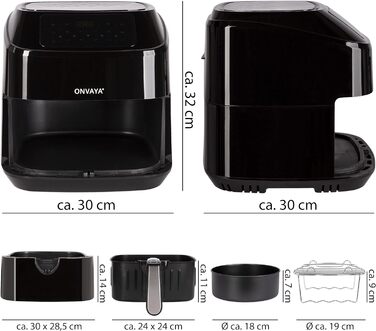Аерофритюрниця ONVAYA XXL, без олії, 1700 Вт, LED-дисплей, 10 програм, для 5-6 осіб, з формою для випікання та решіткою зі шпажками