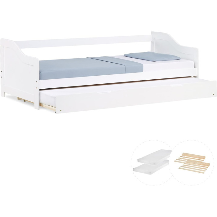 Висувне ліжко Homestyle4u 90x200 з ящиком для зберігання, з ламелями, для дітей, з дерева (сосна), білий