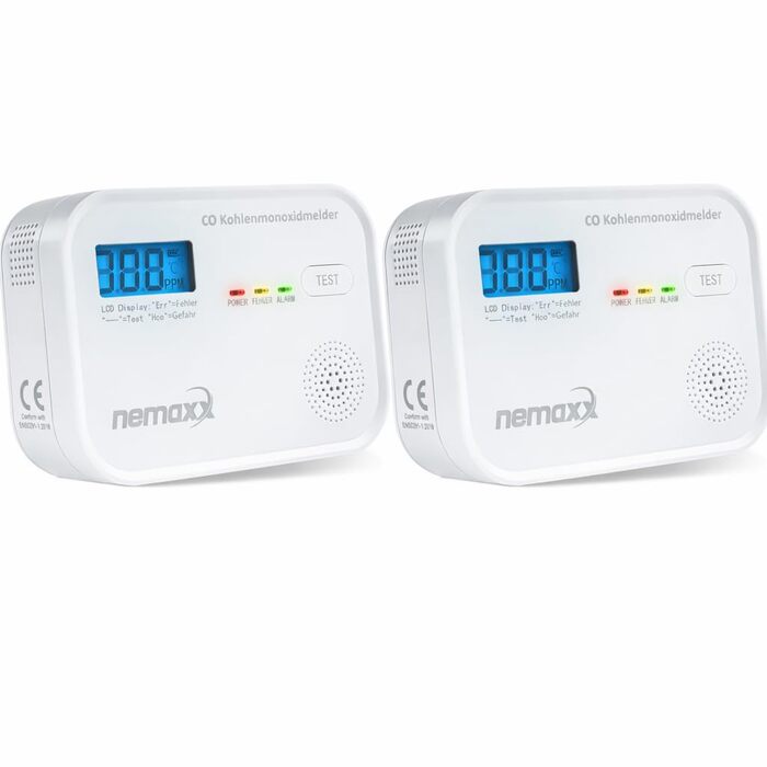 Детектор чадного газу NEMAXX® CM18 з LCD-дисплеєм, електрохімічний сенсор, 85 дБ, стандарт EN 50291-1:2018, термін служби 10 років (набір 2 шт.)