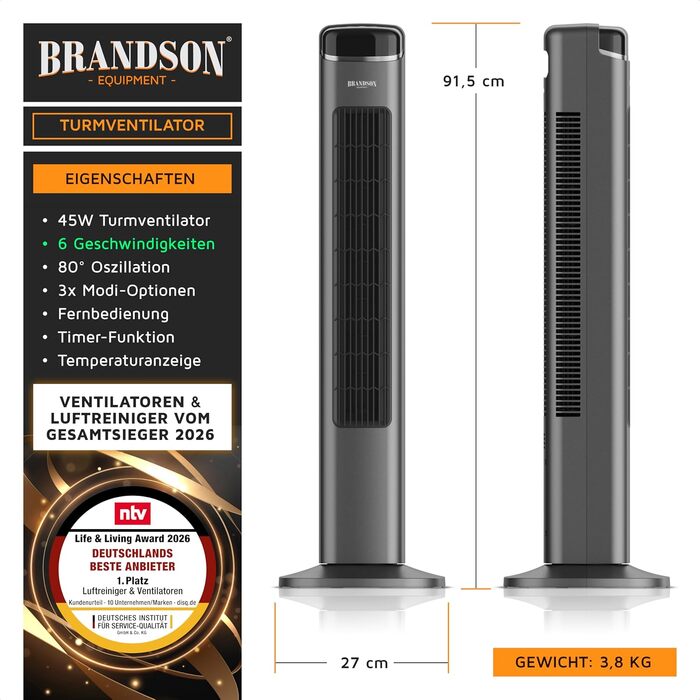 Вентилятор підлоговий Brandson надтихий з пультом: 6 режимів, нічний режим, режим природи, осциляція - для спальні та вітальні