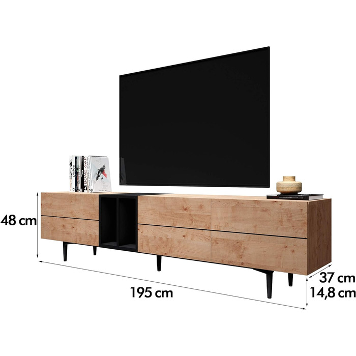 ТВ тумба Newfurn чорна дика дуба, вінтаж індастріал, 195x48x37 см, тумба під телевізор у вітальню