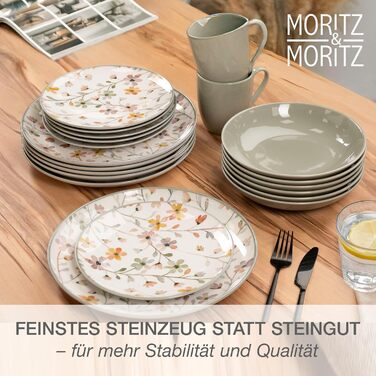 Набір посуду Moritz & Moritz PRIMAVERA Steingut для 12 осіб (48 шт.) - сучасний сервіз з іграшковим дизайном, легкий у догляді, включає ‎12 мисок, 12 чашок, 12 десертних тарілок, 12 обідніх тарілок