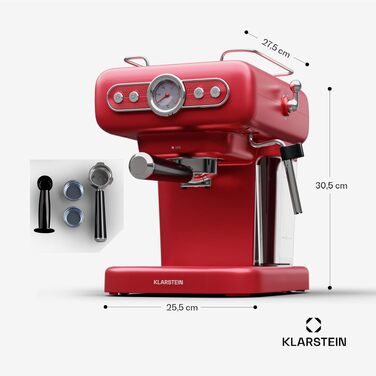 Кавомашина еспресо Klarstein Espressionata evo з капучинатором, 1.2л, 950 Вт, нержавіюча сталь, червона – ретро міні-кавоварка для капучино, лате та макіато