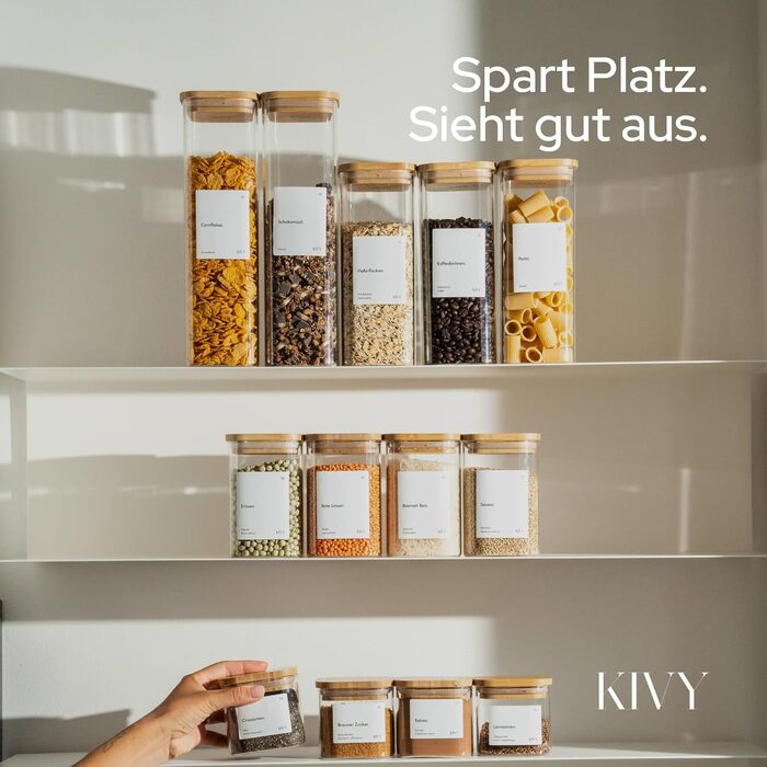 Набір скляних герметичних контейнерів для зберігання продуктів KIVY з бамбуковими кришками, квадратні, 2 шт по 1800 мл, з етикетками