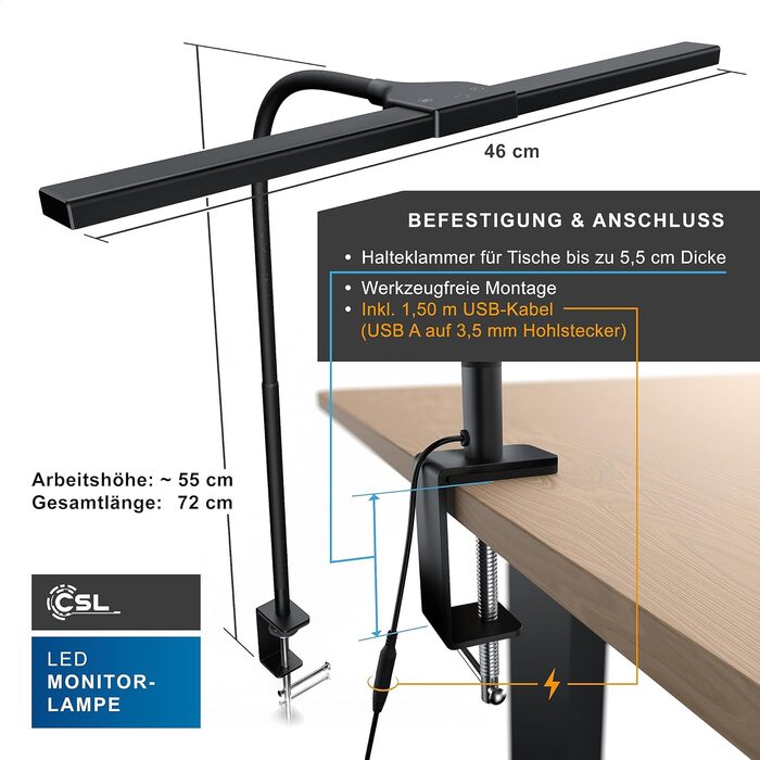 LED-лампа для монітора CSL Screenbar USB з пультом дистанційного керування, регульована яскравість, 3 колірні температури, захист очей, поворотна