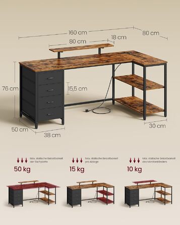 Кутовий комп'ютерний стіл VASAGLE з розетками, 160x80 см, вінтажний коричневий LWD173KD01 - ігровий стіл з USB, 4 шухляди