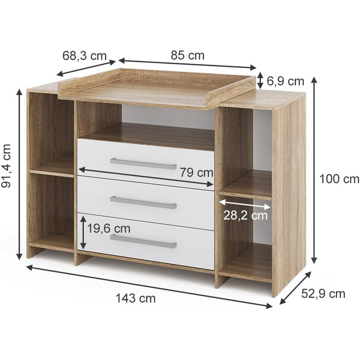 Комод-ліжечко Vicco Oskar з пеленальним столиком, сірий, 143 x 100 см XL з шухлядами білий/сірий (білий/сонома)