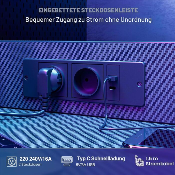 Ігровий стіл Grandder 120x50 см з LED-підсвіткою, розеткою, шухлядою та полицями, комп'ютерний стіл для геймерів та Homeoffice, чорний карбон