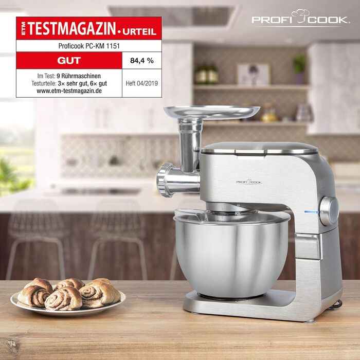 Кухонна машина 2в1 ProfiCook PC-KM 1151 з м'ясорубкою, 1300 Вт, 6,5 л, алюмінієвий корпус, 8 швидкостей, нержавіюча чаша, комплект насадок