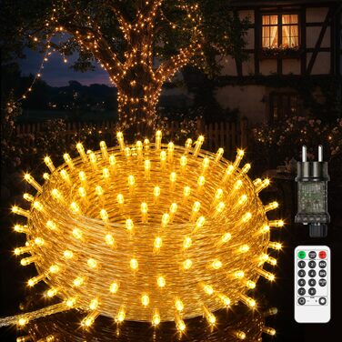 Світлодіодна гірлянда для вулиці та дому 25м 200 LED, теплий білий колір, 8 режимів, пульт керування та таймер, водонепроникна IP44, різдвяна ілюмінація для балкона та саду