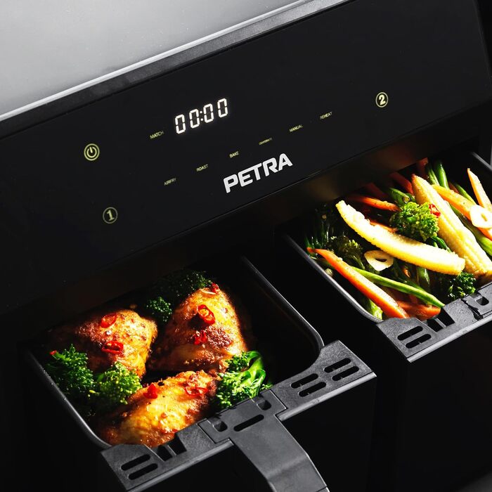 Фритюрниця з гарячим повітрям Petra PT4750BLKVDE XXL 7,4 л, 2400 Вт, подвійна, 2 антипригарні кошики, 6 програм, чорна