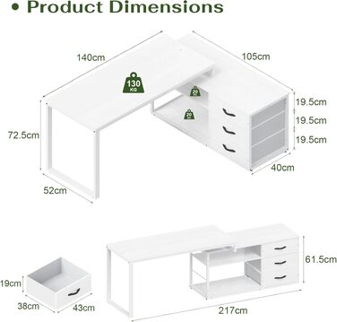 Кутовий письмовий стіл JUMMICO з шухлядами, 140x105x75 см, білий, з USB-роз'ємами та розетками