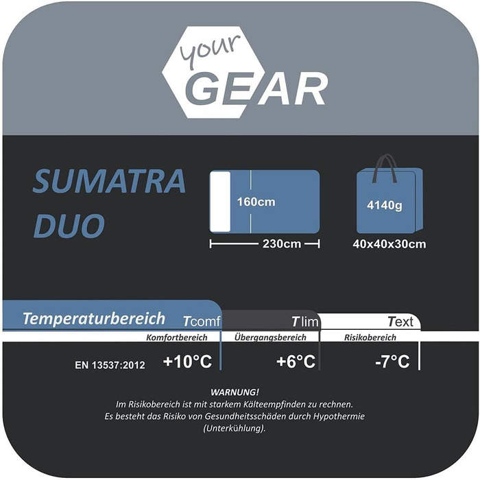 Двомісний спальний мішок your GEAR Sumatra Duo -7°C, 230x160 см, наповнювач 100% бавовна, синій/сірий, для кемпінгу