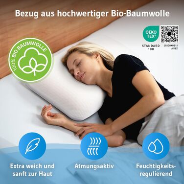 Ортопедична подушка Elora з Memory Foam, 40x60x12 см, для сну на боці та на спині, 100% органічна бавовна