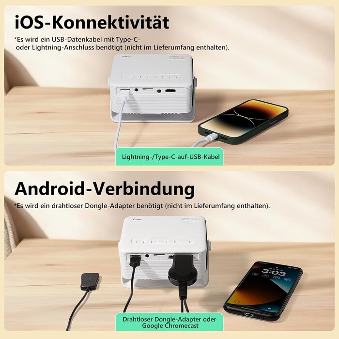 YOTON Mini Beamer 1080P: Портативний проектор для дому, кінотеатру, PS5, HDMI/USB, з автокорекцією та поворотом на 180° - Чорний
