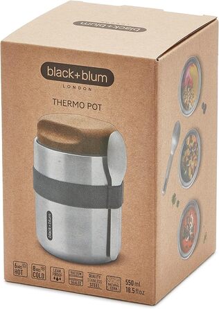 Термос для їжі BLACK+BLUM 550 мл з нержавіючої сталі, тримає тепло 6 годин і холод 8 годин, герметичний, BPA-free, з ложкою і натуральною пробкою для оптимальної ізоляції