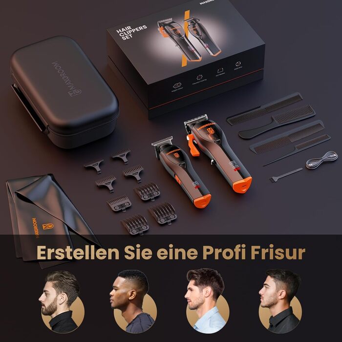 Машинка для стрижки волосся MAXGROOM Profi Set 9000 об/хв з керамічними лезами, чорна. Акумуляторна, з LED-дисплеєм, для стрижки та моделювання