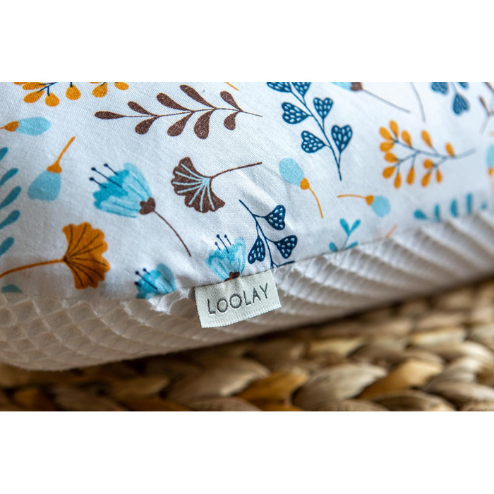 Подушка для вагітних LOOLAY 170 см – подушка для годування та підтримки тіла, 100% бавовна Öko-Tex, ергономічна, зі знімним чохлом (білий вафельний/блакитно-жовта галявина)