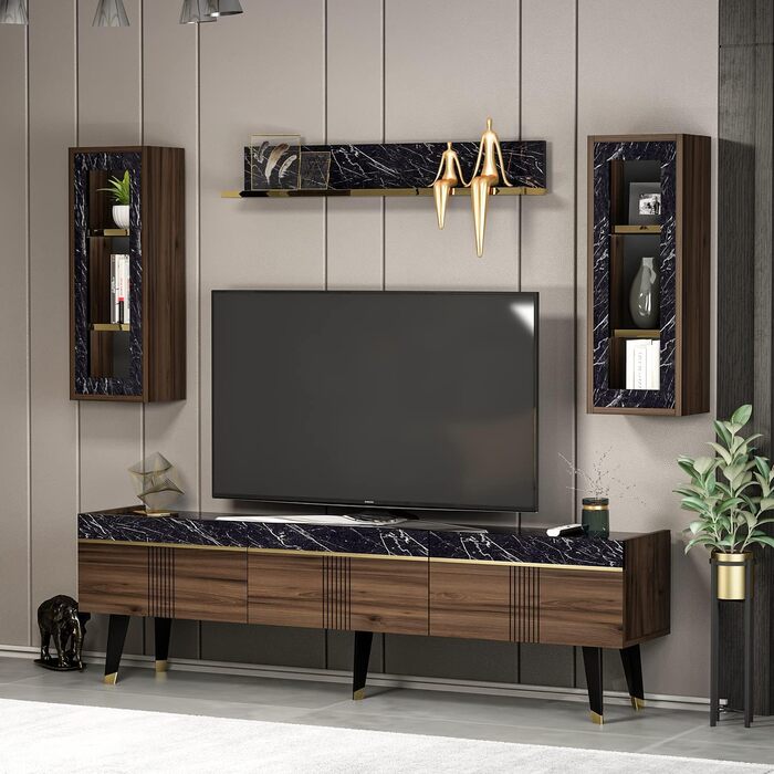 Гірка для вітальні Homidea KARYA, ТВ-тумба, меблі під телевізор з 3 дверцятами, сучасний дизайн, горіх/мармур