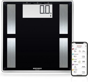 Ваги Soehnle Shape Sense Connect 50 з Bluetooth, аналітичні ваги для біоімпедансного аналізу тіла, електронна вага для вимірювання жиру, з великим LCD-дисплеєм, чорні, з мобільним додатком