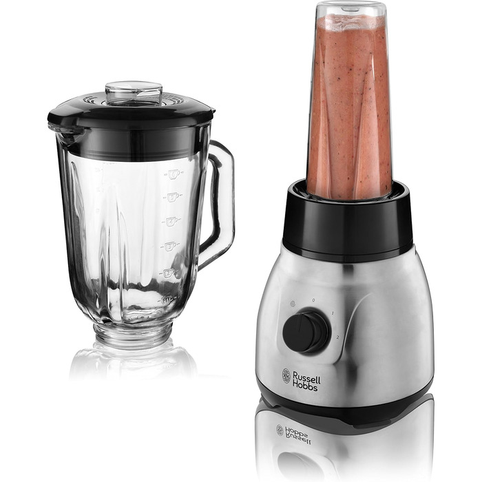 Блендер стаціонарний Russell Hobbs 2-в-1 зі скляною чашею 1.5л та міні-блендером для смузі 0.6л - подрібнювач льоду, BPA-free, нержавіюча сталь 23821-56
