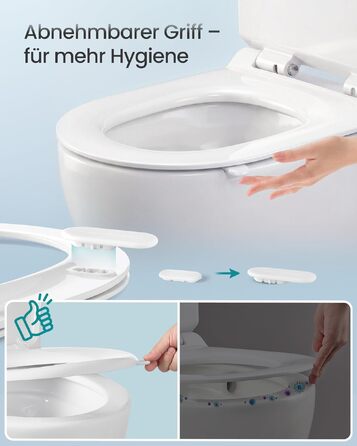 Кришка для унітазу SONGMICS з мікроліфтом (м'яким закриванням), Urea-Duroplast, D-подібна подовжена, біла, витримує до 300 кг, зі швидким монтажем